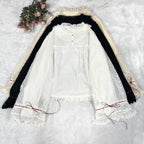 This elegant blouse masterfully blends Victorian romance with subtle Chinese-inspired aesthetics. The dramatic double-layer bishop sleeves and delicate drawstring details create a luxurious, poetic silhouette. Topped with a classic bow tie, it offers a timeless look. Designed for the modern Lolita enthusiast, this undershirt is crafted from premium materials for both comfort and sophistication, making it the perfect foundational piece for creating a statement layered outfit that is both graceful and uniquel