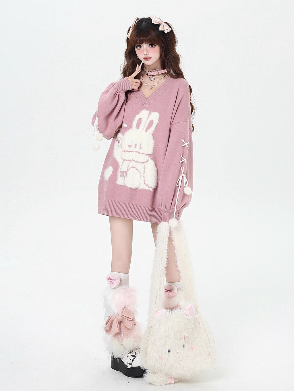 Inspired by the magic of making wishes, this dreamy sweater combines playful bunny motifs with soft romantic details. The adjustable tie-bow neckline and voluminous lantern sleeves create a whimsical silhouette, while the sweet pink and red palette evokes a sense of joyful charm. Lightweight yet cozy, it’s designed to bring a touch of fantasy to everyday wear—for those who believe in sweetness, magic, and self-expression.