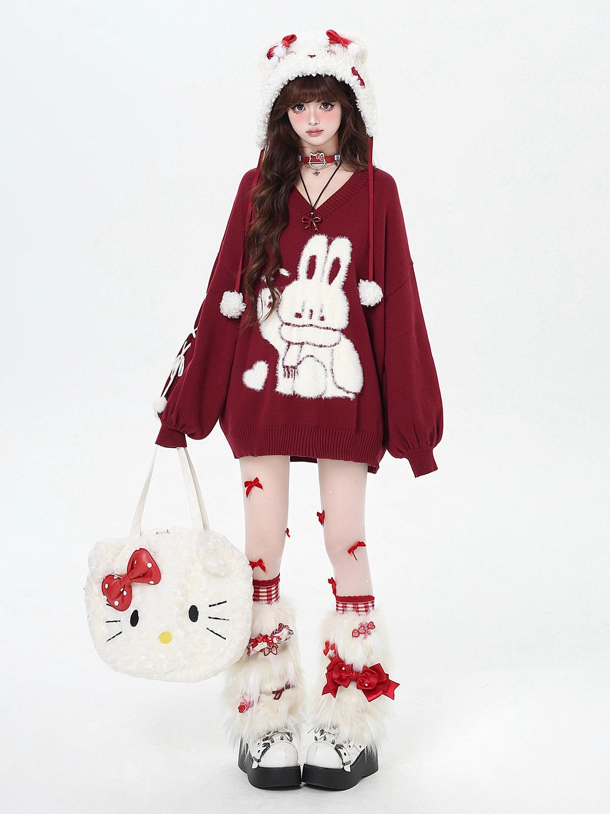 Inspired by the magic of making wishes, this dreamy sweater combines playful bunny motifs with soft romantic details. The adjustable tie-bow neckline and voluminous lantern sleeves create a whimsical silhouette, while the sweet pink and red palette evokes a sense of joyful charm. Lightweight yet cozy, it’s designed to bring a touch of fantasy to everyday wear—for those who believe in sweetness, magic, and self-expression.
