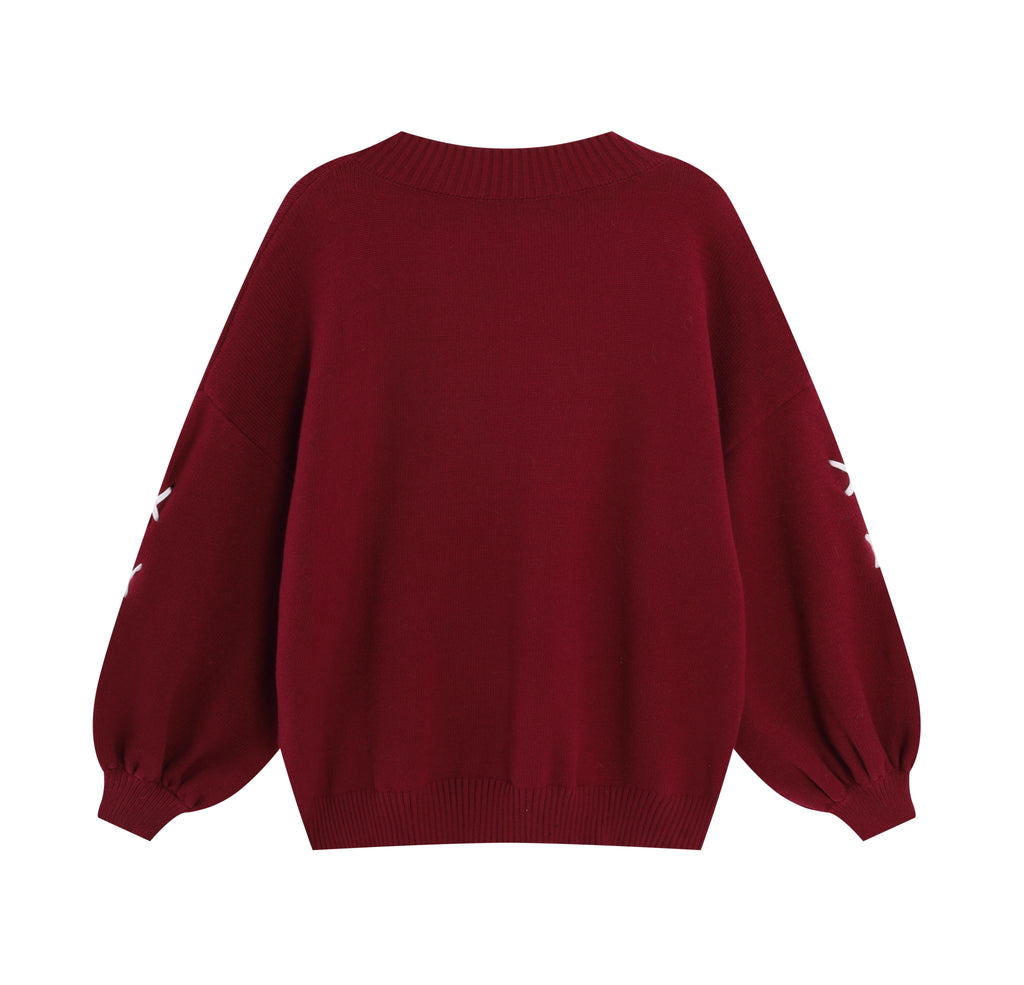 Inspired by the magic of making wishes, this dreamy sweater combines playful bunny motifs with soft romantic details. The adjustable tie-bow neckline and voluminous lantern sleeves create a whimsical silhouette, while the sweet pink and red palette evokes a sense of joyful charm. Lightweight yet cozy, it’s designed to bring a touch of fantasy to everyday wear—for those who believe in sweetness, magic, and self-expression.