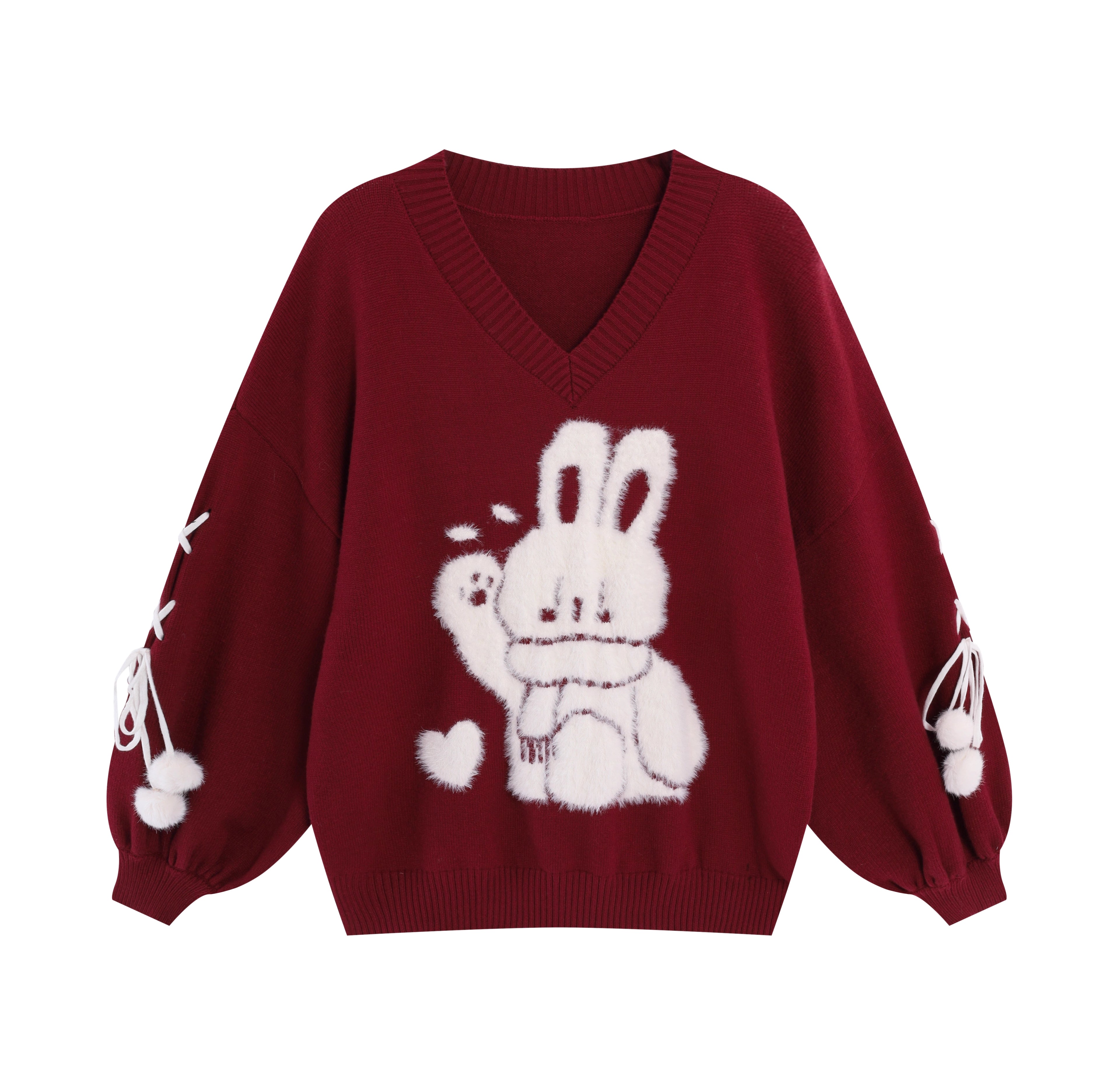 Inspired by the magic of making wishes, this dreamy sweater combines playful bunny motifs with soft romantic details. The adjustable tie-bow neckline and voluminous lantern sleeves create a whimsical silhouette, while the sweet pink and red palette evokes a sense of joyful charm. Lightweight yet cozy, it’s designed to bring a touch of fantasy to everyday wear—for those who believe in sweetness, magic, and self-expression.
