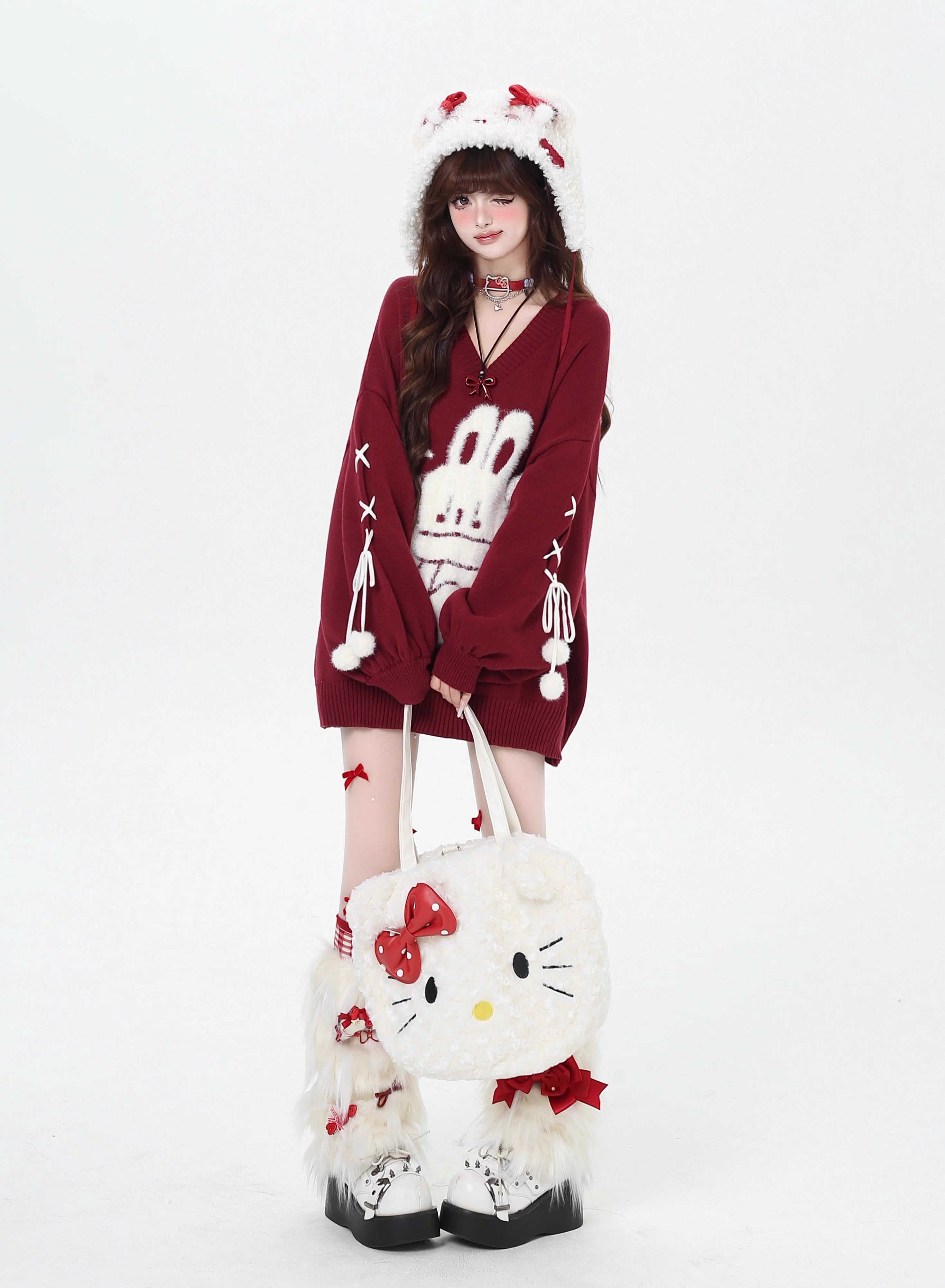 Inspired by the magic of making wishes, this dreamy sweater combines playful bunny motifs with soft romantic details. The adjustable tie-bow neckline and voluminous lantern sleeves create a whimsical silhouette, while the sweet pink and red palette evokes a sense of joyful charm. Lightweight yet cozy, it’s designed to bring a touch of fantasy to everyday wear—for those who believe in sweetness, magic, and self-expression.