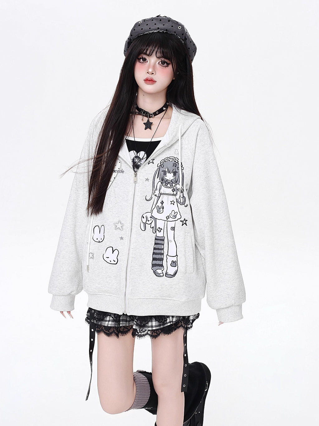 This hoodie blends playful anime-inspired graphics with a relaxed, street-ready silhouette. The high-contrast black and white design creates a bold yet cute statement, while the soft fabric and loose fit ensure all-day comfort. Ideal for expressing quirky, individual style with a touch of urban edge.