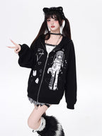 This hoodie blends playful anime-inspired graphics with a relaxed, street-ready silhouette. The high-contrast black and white design creates a bold yet cute statement, while the soft fabric and loose fit ensure all-day comfort. Ideal for expressing quirky, individual style with a touch of urban edge.