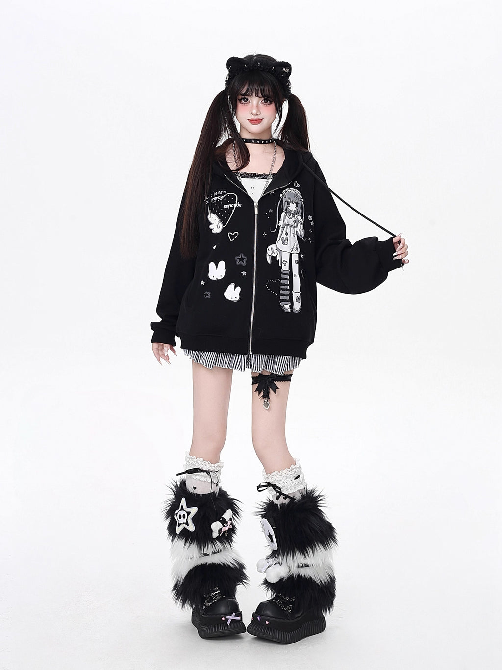 This hoodie blends playful anime-inspired graphics with a relaxed, street-ready silhouette. The high-contrast black and white design creates a bold yet cute statement, while the soft fabric and loose fit ensure all-day comfort. Ideal for expressing quirky, individual style with a touch of urban edge.