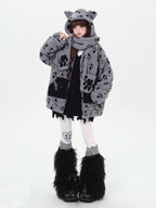 Inspired by the playful warmth of a kitten, this cozy set features a plush sherpa jacket with adorable paw prints, a matching hood, and a versatile scarf. The soft gray and apricot hues evoke a gentle winter charm. Designed for ultimate comfort and whimsical style, it’s perfect for cold days spent curled up or exploring. Embrace a touch of feline-inspired fun!