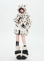 Inspired by the playful warmth of a kitten, this cozy set features a plush sherpa jacket with adorable paw prints, a matching hood, and a versatile scarf. The soft gray and apricot hues evoke a gentle winter charm. Designed for ultimate comfort and whimsical style, it’s perfect for cold days spent curled up or exploring. Embrace a touch of feline-inspired fun!