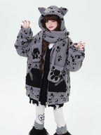 Inspired by the playful warmth of a kitten, this cozy set features a plush sherpa jacket with adorable paw prints, a matching hood, and a versatile scarf. The soft gray and apricot hues evoke a gentle winter charm. Designed for ultimate comfort and whimsical style, it’s perfect for cold days spent curled up or exploring. Embrace a touch of feline-inspired fun!