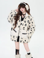 Inspired by the playful warmth of a kitten, this cozy set features a plush sherpa jacket with adorable paw prints, a matching hood, and a versatile scarf. The soft gray and apricot hues evoke a gentle winter charm. Designed for ultimate comfort and whimsical style, it’s perfect for cold days spent curled up or exploring. Embrace a touch of feline-inspired fun!