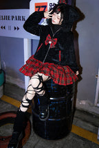 "Enchanted Highland Rose"&nbsp;— Inspired by the mystical allure of Scottish moors under twilight skies and the romantic drama of Victorian Gothic novels, this coat merges tartan tradition with Lolita fantasy. The bold black and red grid pattern echoes ancient clan symbolism, while delicate ruffles and bows soften its striking contrast, creating a piece that whispers of haunted castles and secret garden trysts.