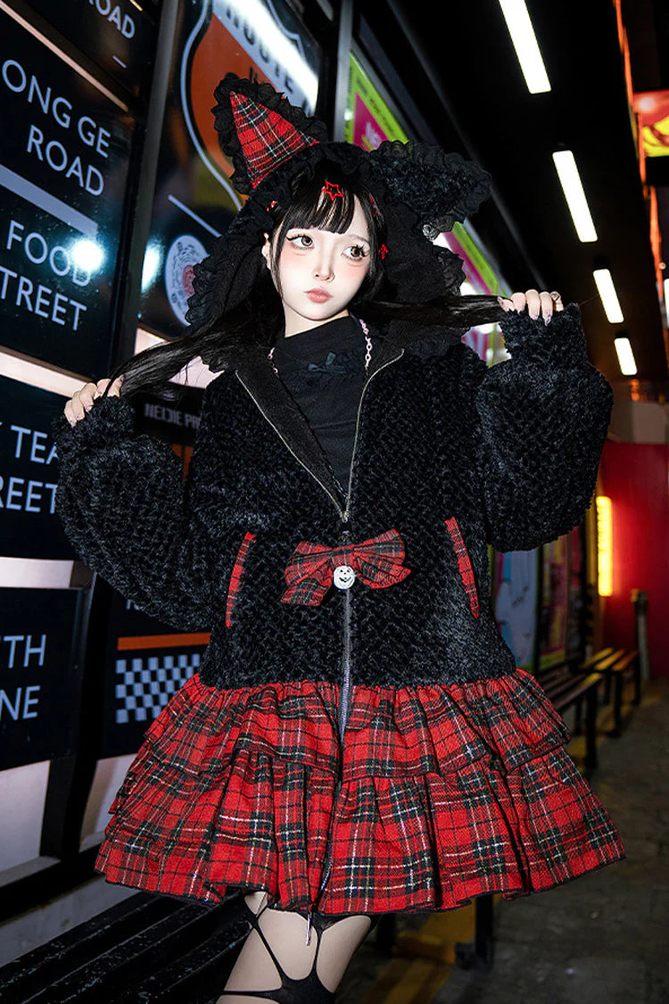 "Enchanted Highland Rose"&nbsp;— Inspired by the mystical allure of Scottish moors under twilight skies and the romantic drama of Victorian Gothic novels, this coat merges tartan tradition with Lolita fantasy. The bold black and red grid pattern echoes ancient clan symbolism, while delicate ruffles and bows soften its striking contrast, creating a piece that whispers of haunted castles and secret garden trysts.