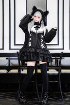 "Midnight Garden" — This coat combines the playful charm of sweet Lolita with the cozy practicality of winter wear. Inspired by the contrast of delicate ruffles against structured tailoring, it features a zippered design for modern convenience while maintaining classic Lolita elegance. The dramatic yet cute style captures the magic of a winter night blooming with hidden beauty.