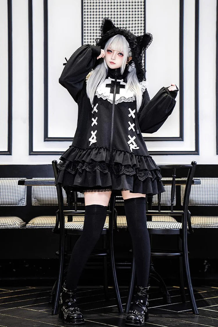 "Midnight Garden" — This coat combines the playful charm of sweet Lolita with the cozy practicality of winter wear. Inspired by the contrast of delicate ruffles against structured tailoring, it features a zippered design for modern convenience while maintaining classic Lolita elegance. The dramatic yet cute style captures the magic of a winter night blooming with hidden beauty.