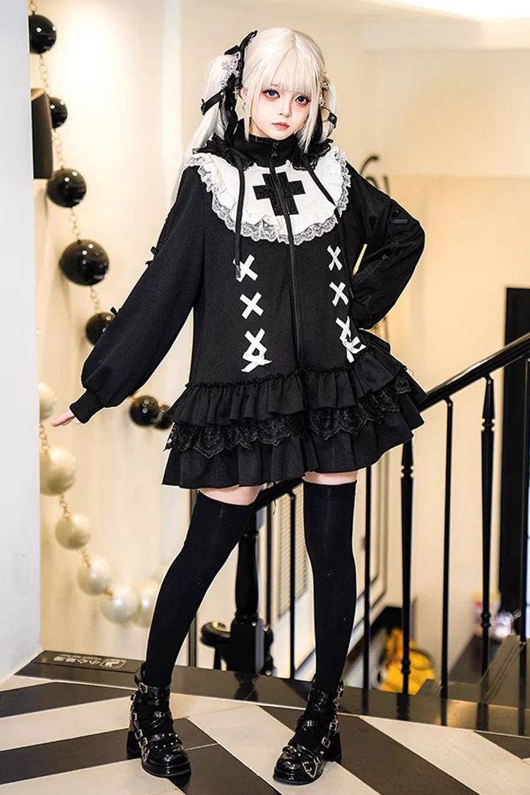 "Midnight Garden" — This coat combines the playful charm of sweet Lolita with the cozy practicality of winter wear. Inspired by the contrast of delicate ruffles against structured tailoring, it features a zippered design for modern convenience while maintaining classic Lolita elegance. The dramatic yet cute style captures the magic of a winter night blooming with hidden beauty.