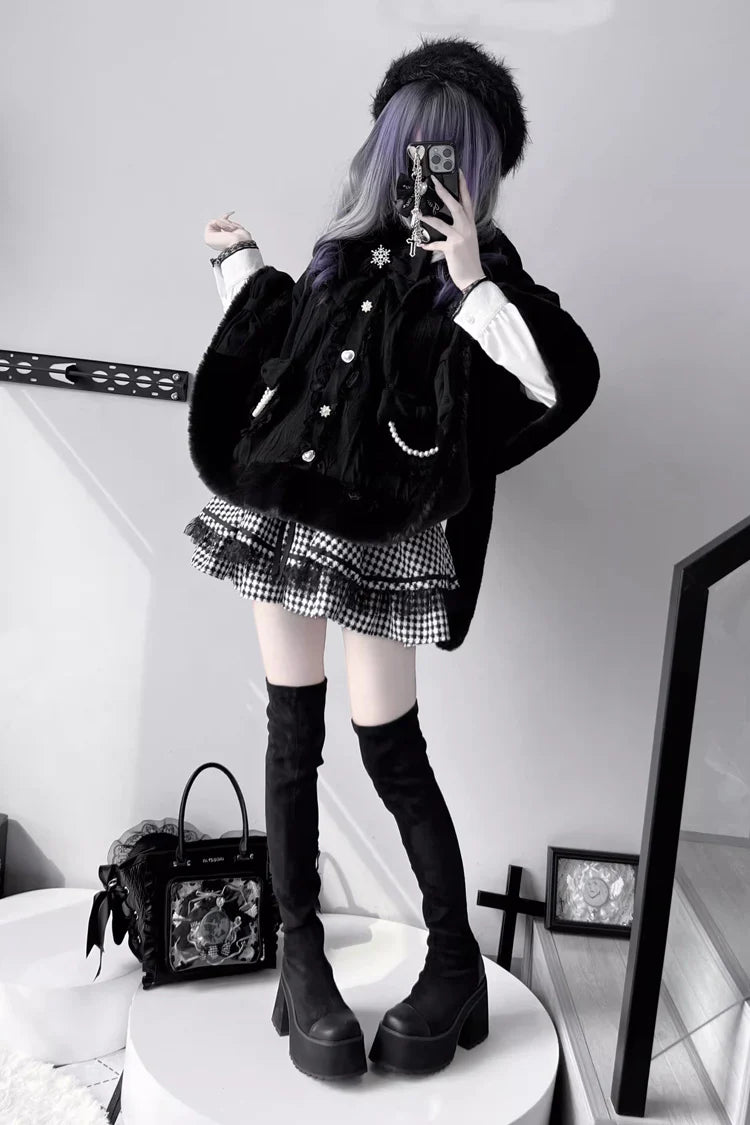 Blending whimsy with elegance, this cape coat transforms classic Lolita charm into a versatile outerwear piece. The playful rabbit ears and delicate bow contrast the monochrome palette, creating a striking balance between sweetness and sophistication. Designed with a flowing silhouette and single-row button closure, it offers effortless layering for cool days—perfect for adding a touch of fantasy to both casual and formal Lolita coordinates.