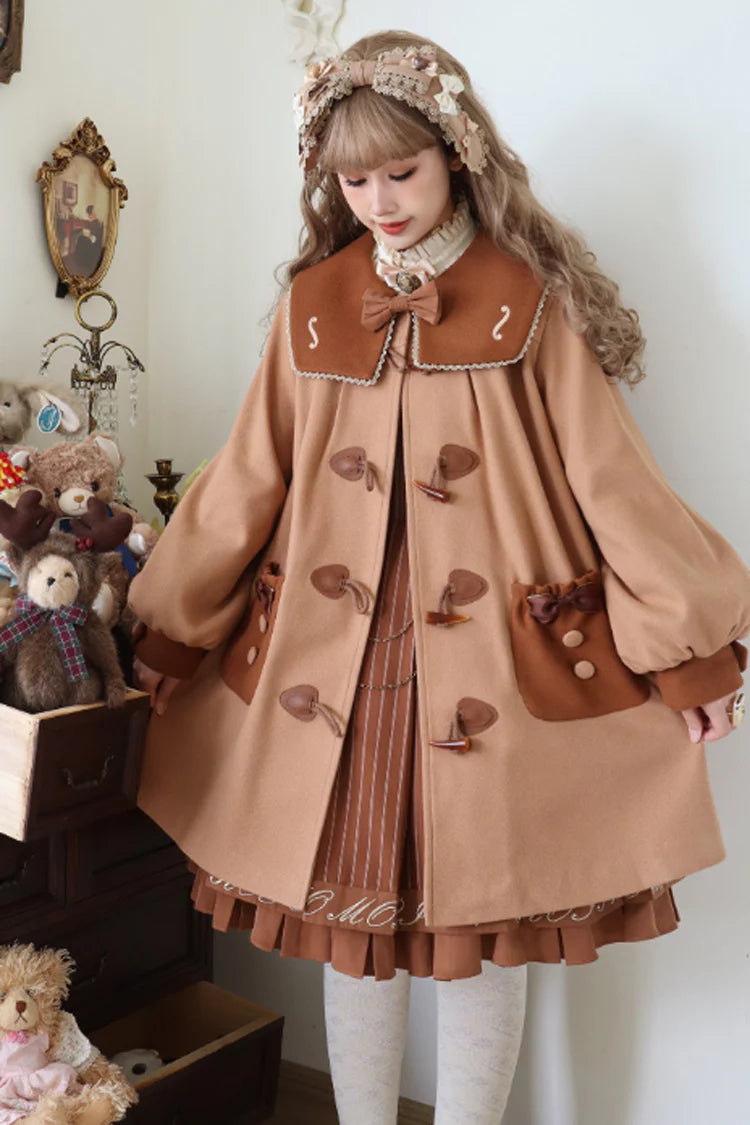 Blending scholarly charm with Lolita whimsy, this coat tells a story of nostalgic elegance. The delicate violin embroidery and rustic horn buttons evoke a sense of artistic tradition, while the warm brown wool blend fabric ensures cozy comfort. Designed to layer over blouses and jumperskirts, it transforms academic inspiration into wearable poetry—perfect for the creative soul who finds beauty in both books and daydreams.