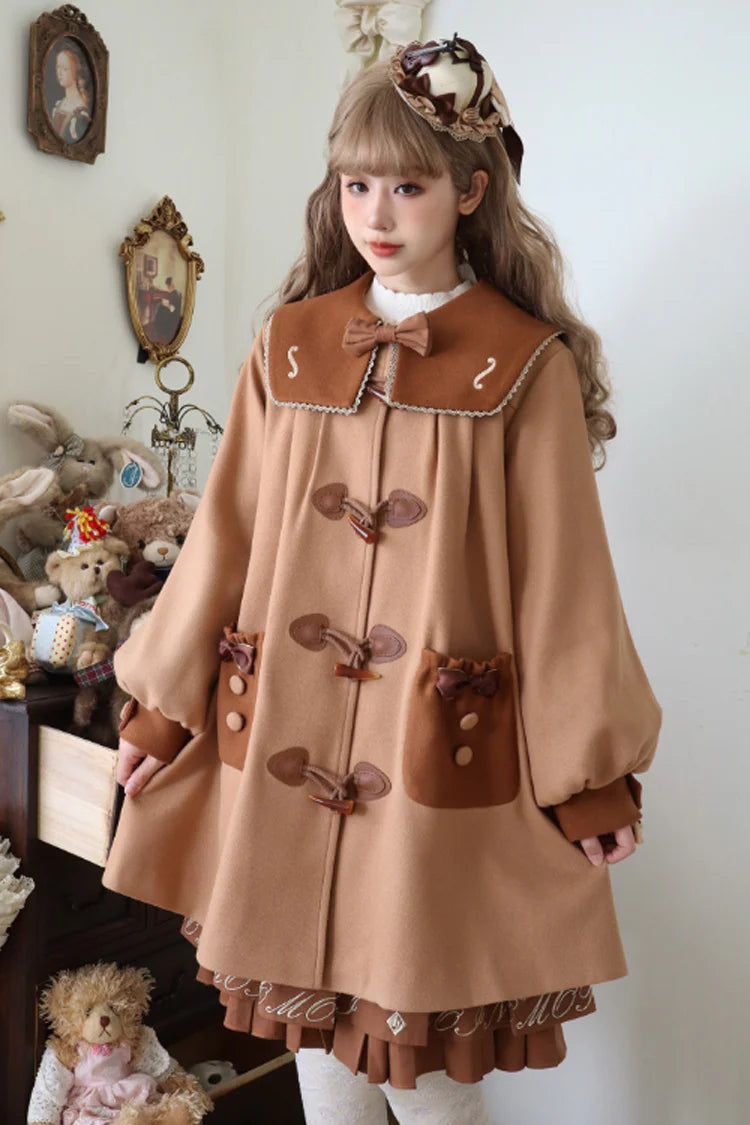 Blending scholarly charm with Lolita whimsy, this coat tells a story of nostalgic elegance. The delicate violin embroidery and rustic horn buttons evoke a sense of artistic tradition, while the warm brown wool blend fabric ensures cozy comfort. Designed to layer over blouses and jumperskirts, it transforms academic inspiration into wearable poetry—perfect for the creative soul who finds beauty in both books and daydreams.