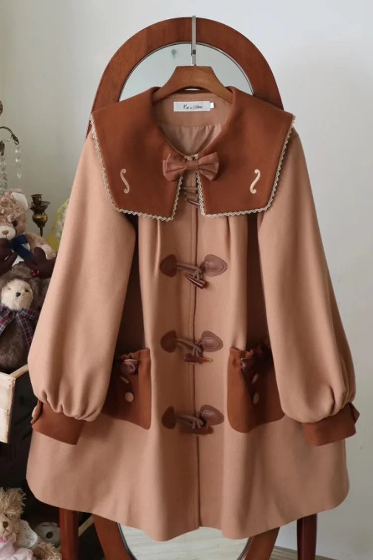 Blending scholarly charm with Lolita whimsy, this coat tells a story of nostalgic elegance. The delicate violin embroidery and rustic horn buttons evoke a sense of artistic tradition, while the warm brown wool blend fabric ensures cozy comfort. Designed to layer over blouses and jumperskirts, it transforms academic inspiration into wearable poetry—perfect for the creative soul who finds beauty in both books and daydreams.