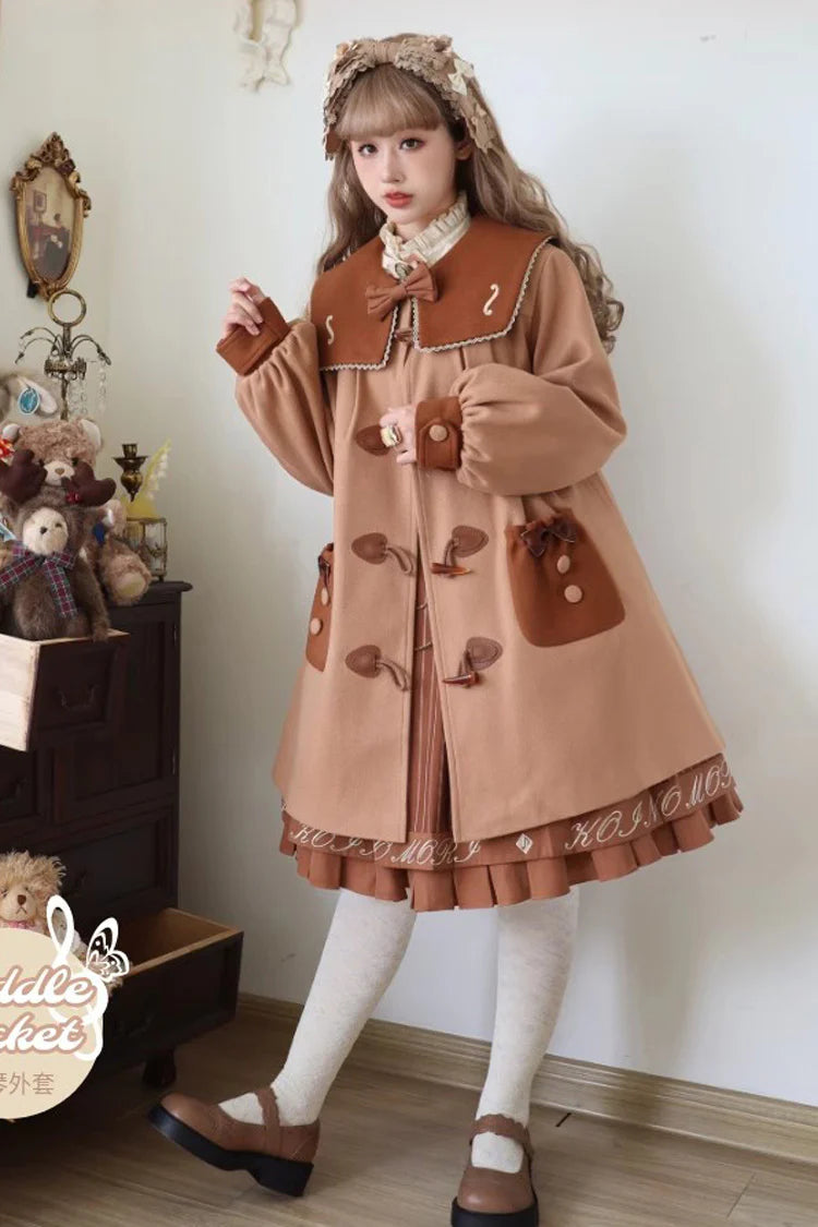 Blending scholarly charm with Lolita whimsy, this coat tells a story of nostalgic elegance. The delicate violin embroidery and rustic horn buttons evoke a sense of artistic tradition, while the warm brown wool blend fabric ensures cozy comfort. Designed to layer over blouses and jumperskirts, it transforms academic inspiration into wearable poetry—perfect for the creative soul who finds beauty in both books and daydreams.