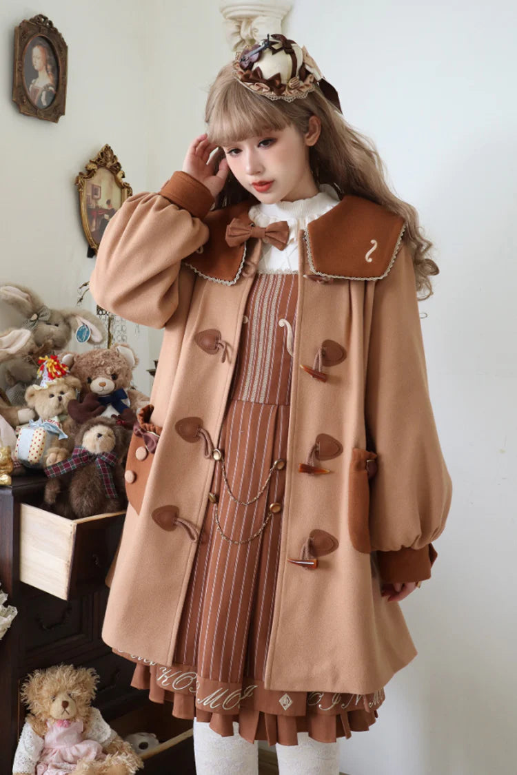 Blending scholarly charm with Lolita whimsy, this coat tells a story of nostalgic elegance. The delicate violin embroidery and rustic horn buttons evoke a sense of artistic tradition, while the warm brown wool blend fabric ensures cozy comfort. Designed to layer over blouses and jumperskirts, it transforms academic inspiration into wearable poetry—perfect for the creative soul who finds beauty in both books and daydreams.