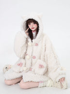 Inspired by the playful charm of a kitten, this ultra-plush sherpa jacket features adorable cat ears on the hood and an oversized cozy fit. The creamy white hue adds a touch of sweetness, while the thick lining ensures warmth without sacrificing style. Perfect for expressing a soft, whimsical aesthetic during cold days.