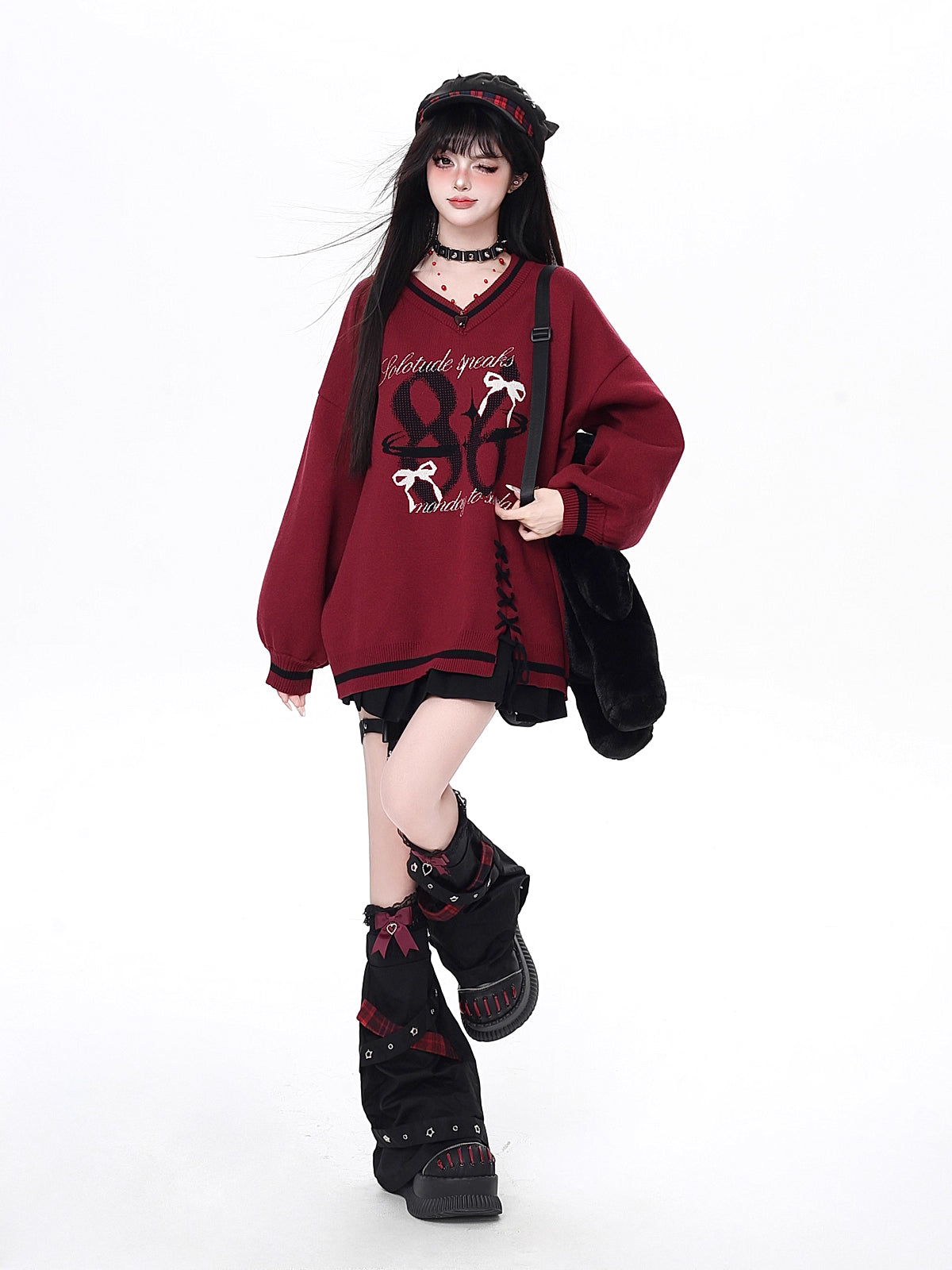 This original preppy-style sweater redefines classic academia with a digital-age twist. The bold black and red color block evokes retro energy, while the customizable lace-up V-neck adds a touch of playful rebellion. Lightweight yet cozy, it's designed for layering or standing alone—a statement piece for those who blend sweetness and subversion effortlessly.