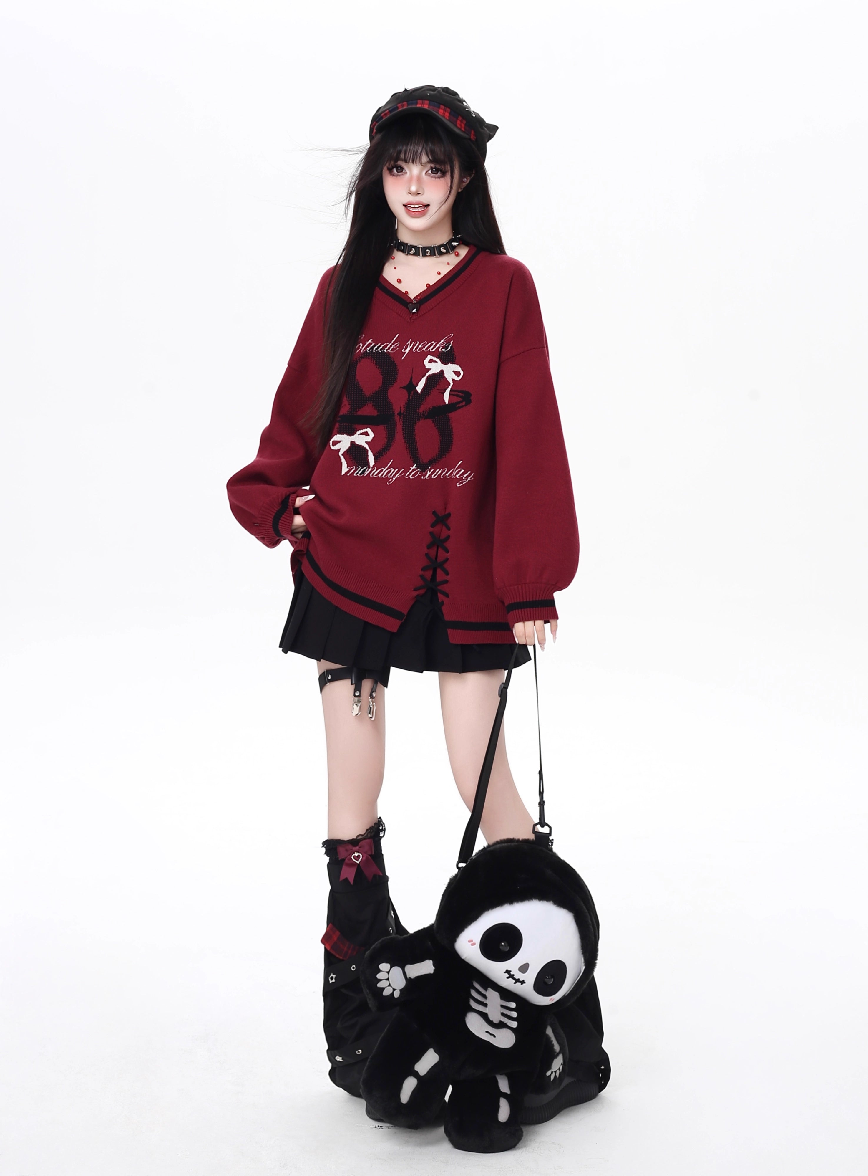 This original preppy-style sweater redefines classic academia with a digital-age twist. The bold black and red color block evokes retro energy, while the customizable lace-up V-neck adds a touch of playful rebellion. Lightweight yet cozy, it's designed for layering or standing alone—a statement piece for those who blend sweetness and subversion effortlessly.