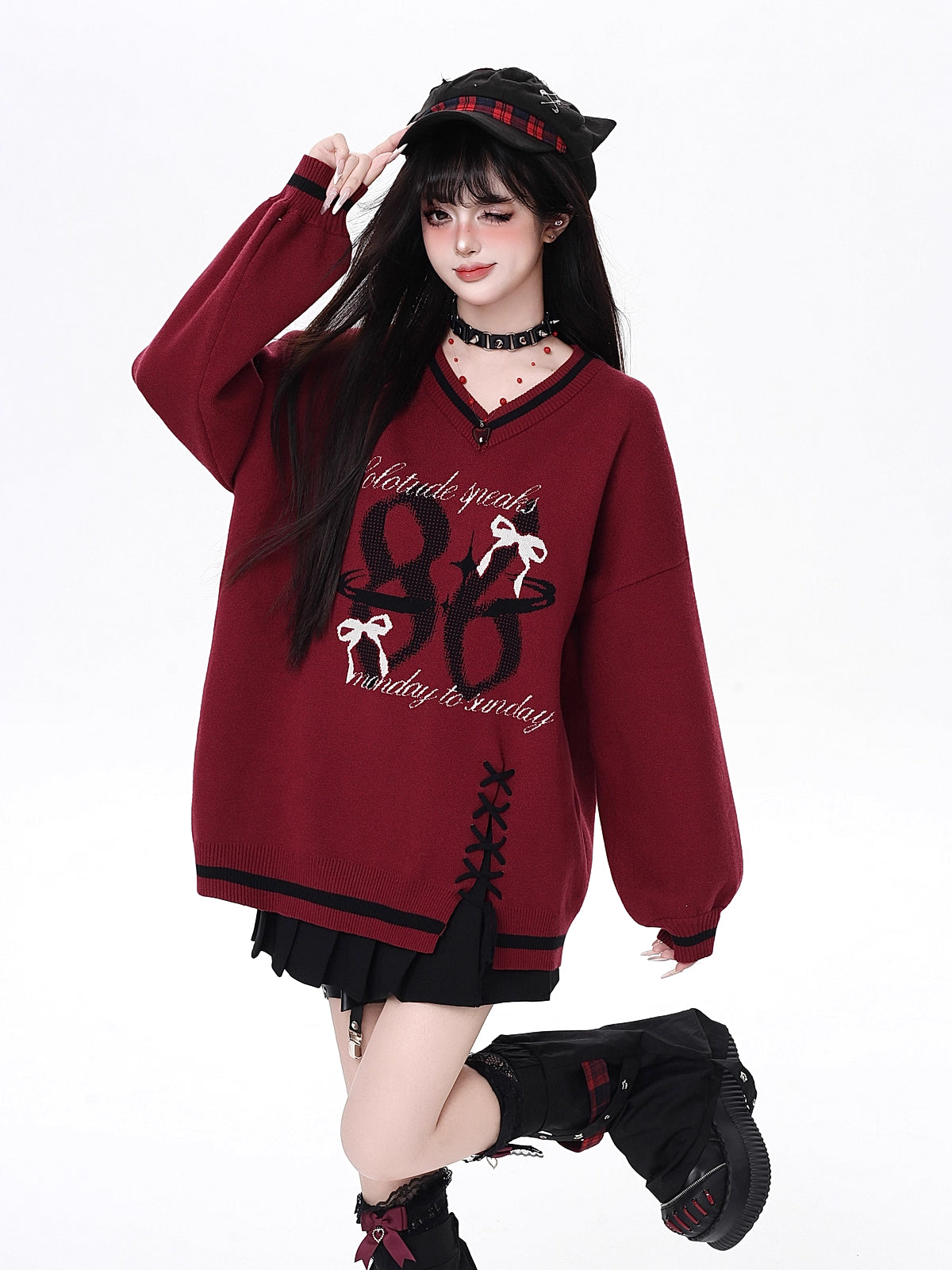 This original preppy-style sweater redefines classic academia with a digital-age twist. The bold black and red color block evokes retro energy, while the customizable lace-up V-neck adds a touch of playful rebellion. Lightweight yet cozy, it's designed for layering or standing alone—a statement piece for those who blend sweetness and subversion effortlessly.