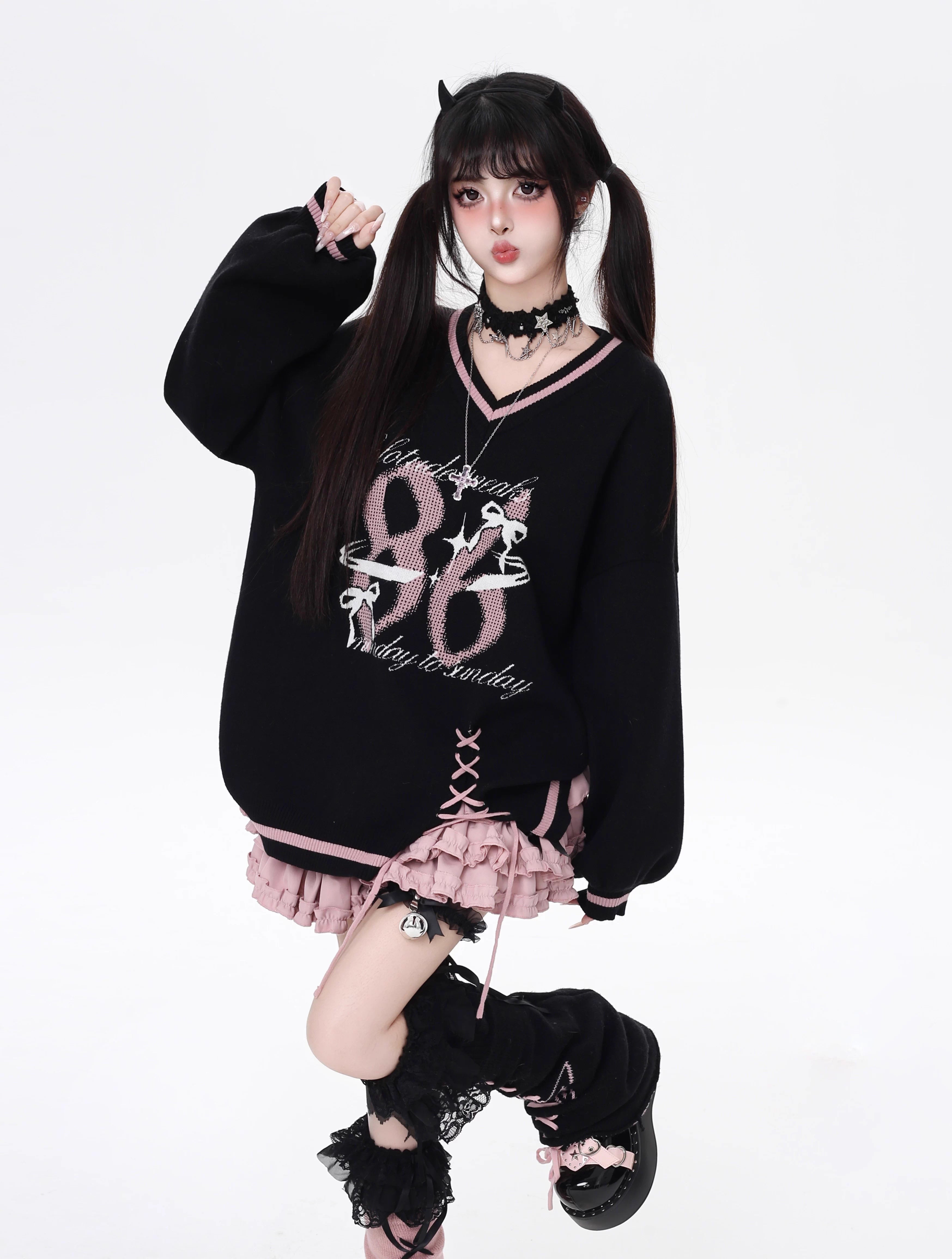 This original preppy-style sweater redefines classic academia with a digital-age twist. The bold black and red color block evokes retro energy, while the customizable lace-up V-neck adds a touch of playful rebellion. Lightweight yet cozy, it's designed for layering or standing alone—a statement piece for those who blend sweetness and subversion effortlessly.