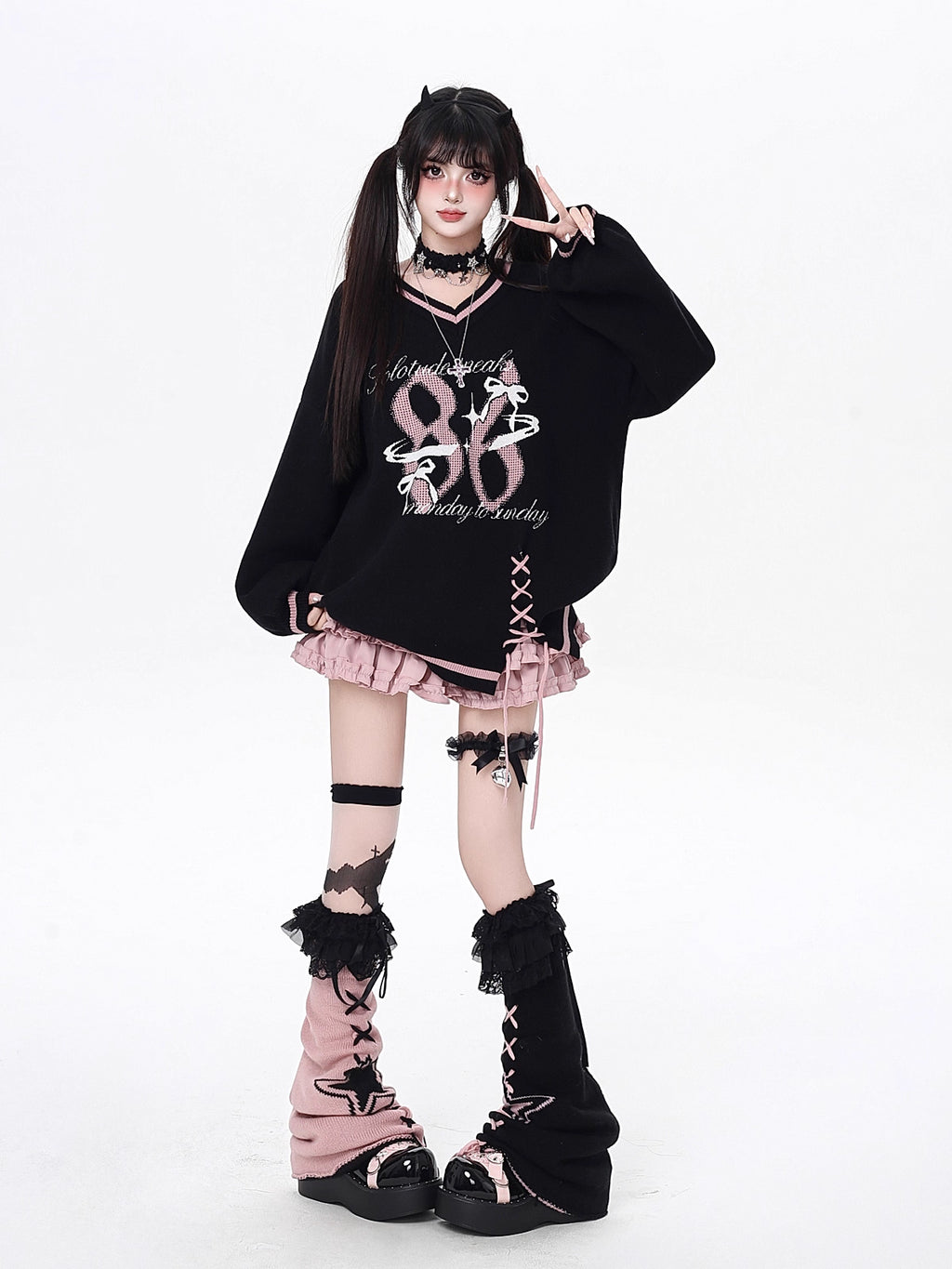 This original preppy-style sweater redefines classic academia with a digital-age twist. The bold black and red color block evokes retro energy, while the customizable lace-up V-neck adds a touch of playful rebellion. Lightweight yet cozy, it's designed for layering or standing alone—a statement piece for those who blend sweetness and subversion effortlessly.