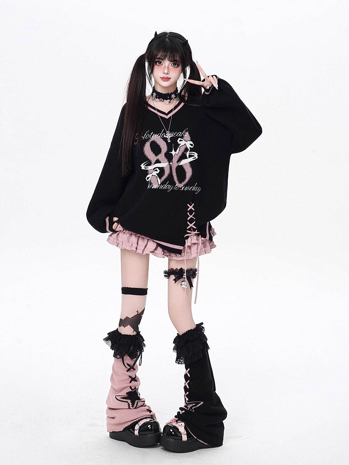 This original preppy-style sweater redefines classic academia with a digital-age twist. The bold black and red color block evokes retro energy, while the customizable lace-up V-neck adds a touch of playful rebellion. Lightweight yet cozy, it's designed for layering or standing alone—a statement piece for those who blend sweetness and subversion effortlessly.