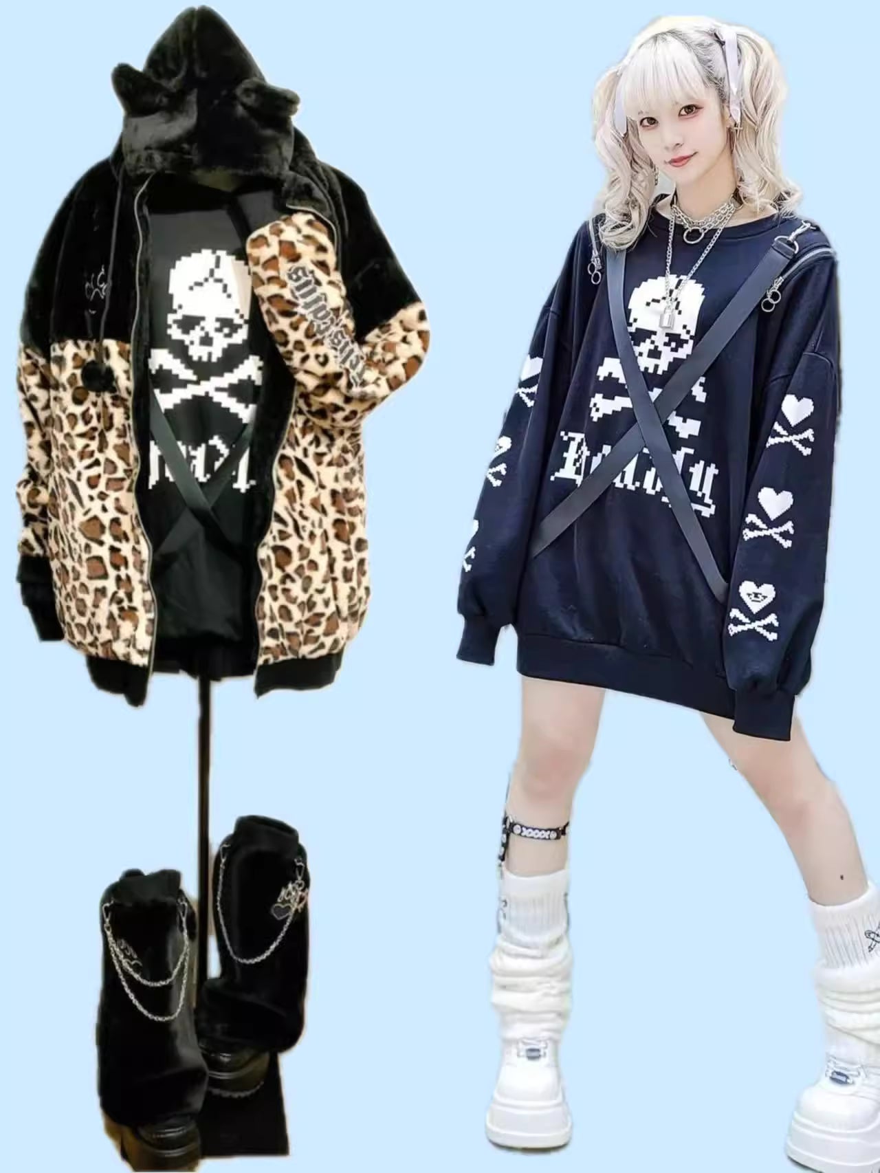 Embrace the edge of Harajuku Goth with this striking skeleton hoodie. Featuring iconic cross-body straps and a haunting heart bone design, this heavyweight jacket merges punk rebellion with streetwise comfort. The bold blue and white color scheme makes a dramatic statement, while premium fabrics ensure warmth during colder seasons. Perfect for expressing alternative style, this piece captures the essence of dark youth culture with its intricate graphics and unmistakable silhouette, ideal for concerts, night
