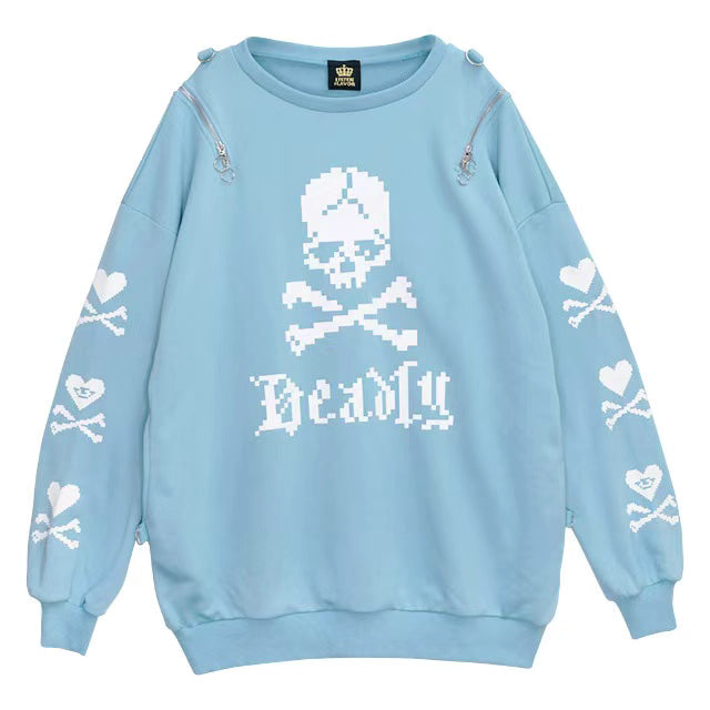 Embrace the edge of Harajuku Goth with this striking skeleton hoodie. Featuring iconic cross-body straps and a haunting heart bone design, this heavyweight jacket merges punk rebellion with streetwise comfort. The bold blue and white color scheme makes a dramatic statement, while premium fabrics ensure warmth during colder seasons. Perfect for expressing alternative style, this piece captures the essence of dark youth culture with its intricate graphics and unmistakable silhouette, ideal for concerts, night
