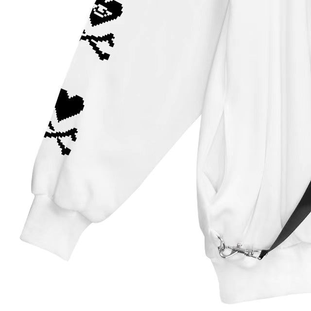 Embrace the edge of Harajuku Goth with this striking skeleton hoodie. Featuring iconic cross-body straps and a haunting heart bone design, this heavyweight jacket merges punk rebellion with streetwise comfort. The bold blue and white color scheme makes a dramatic statement, while premium fabrics ensure warmth during colder seasons. Perfect for expressing alternative style, this piece captures the essence of dark youth culture with its intricate graphics and unmistakable silhouette, ideal for concerts, night