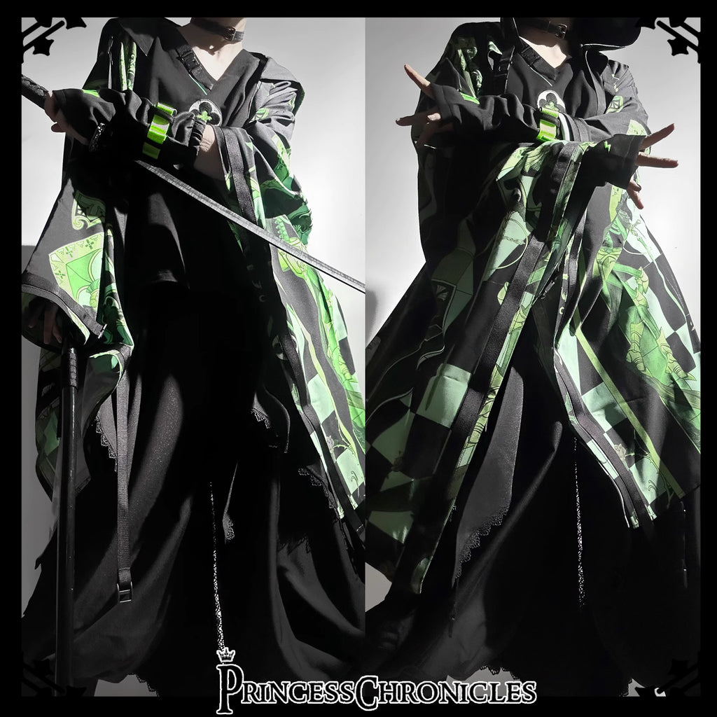 This coat merges Lolita’s classic silhouette with cyberpunk’s dystopian edge. Structured shoulders and a tailored waist contrast with tactical harness details and glitch-art graphic prints. Crafted from heavy-duty wool blend, it features metallic hardware and neon accent stitching, blending Victorian elegance with futuristic rebellion. Designed for commanding presence in both digital and urban landscapes, it embodies a fusion of dark romance and tech-driven defiance.