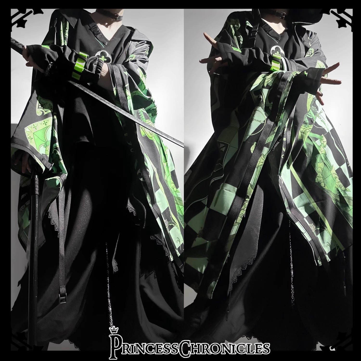 This coat merges Lolita’s classic silhouette with cyberpunk’s dystopian edge. Structured shoulders and a tailored waist contrast with tactical harness details and glitch-art graphic prints. Crafted from heavy-duty wool blend, it features metallic hardware and neon accent stitching, blending Victorian elegance with futuristic rebellion. Designed for commanding presence in both digital and urban landscapes, it embodies a fusion of dark romance and tech-driven defiance.