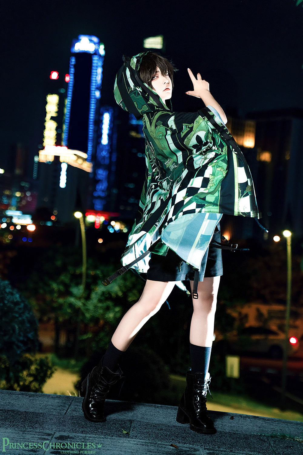 This coat merges Lolita’s classic silhouette with cyberpunk’s dystopian edge. Structured shoulders and a tailored waist contrast with tactical harness details and glitch-art graphic prints. Crafted from heavy-duty wool blend, it features metallic hardware and neon accent stitching, blending Victorian elegance with futuristic rebellion. Designed for commanding presence in both digital and urban landscapes, it embodies a fusion of dark romance and tech-driven defiance.