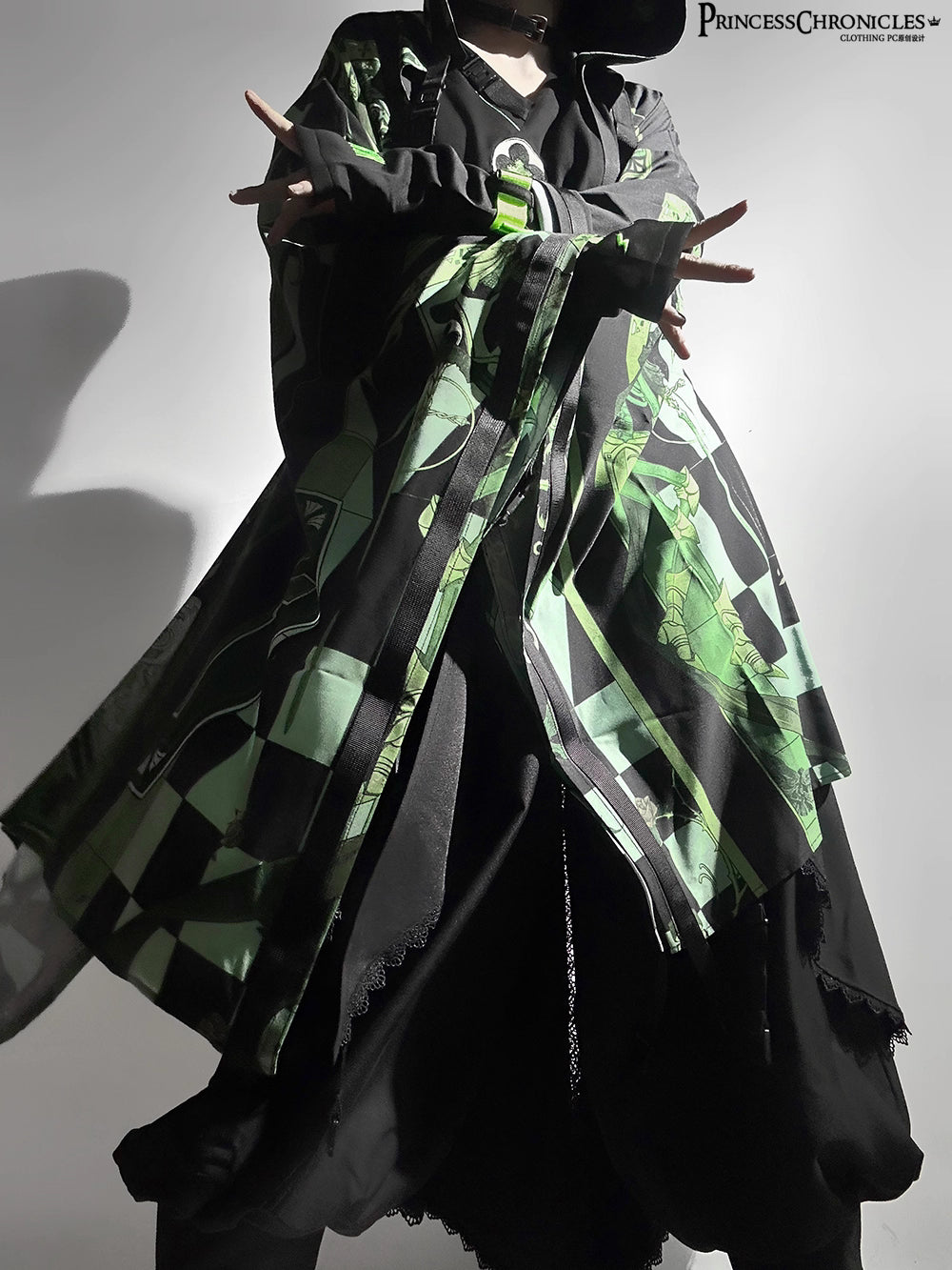 This coat merges Lolita’s classic silhouette with cyberpunk’s dystopian edge. Structured shoulders and a tailored waist contrast with tactical harness details and glitch-art graphic prints. Crafted from heavy-duty wool blend, it features metallic hardware and neon accent stitching, blending Victorian elegance with futuristic rebellion. Designed for commanding presence in both digital and urban landscapes, it embodies a fusion of dark romance and tech-driven defiance.