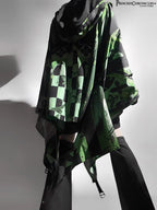 This coat merges Lolita’s classic silhouette with cyberpunk’s dystopian edge. Structured shoulders and a tailored waist contrast with tactical harness details and glitch-art graphic prints. Crafted from heavy-duty wool blend, it features metallic hardware and neon accent stitching, blending Victorian elegance with futuristic rebellion. Designed for commanding presence in both digital and urban landscapes, it embodies a fusion of dark romance and tech-driven defiance.