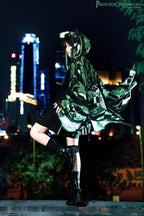 This coat merges Lolita’s classic silhouette with cyberpunk’s dystopian edge. Structured shoulders and a tailored waist contrast with tactical harness details and glitch-art graphic prints. Crafted from heavy-duty wool blend, it features metallic hardware and neon accent stitching, blending Victorian elegance with futuristic rebellion. Designed for commanding presence in both digital and urban landscapes, it embodies a fusion of dark romance and tech-driven defiance.