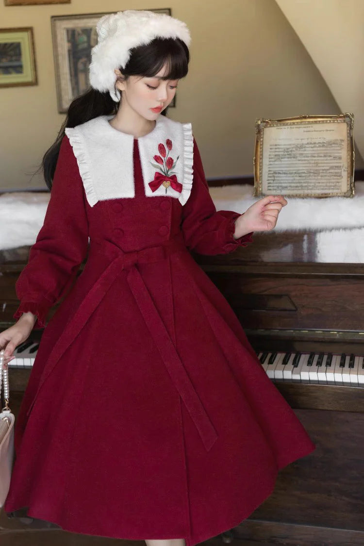 "Blooming in Frost"&nbsp;— Inspired by the bold beauty of tulips piercing through winter soil, this coat dress symbolizes resilience and romance. The vibrant crimson hue echoes the flower’s velvety petals, while intricate embroidery captures the delicate curvature of stems and leaves, merging botanical artistry with Lolita elegance.