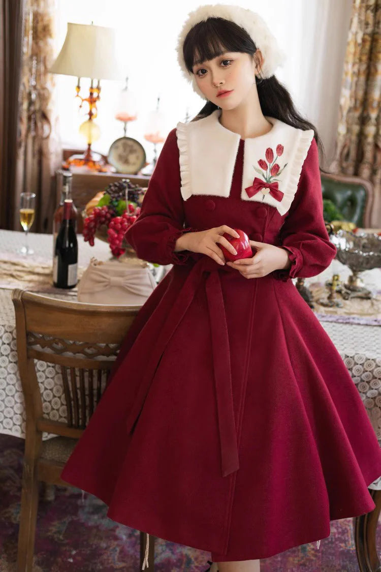 "Blooming in Frost"&nbsp;— Inspired by the bold beauty of tulips piercing through winter soil, this coat dress symbolizes resilience and romance. The vibrant crimson hue echoes the flower’s velvety petals, while intricate embroidery captures the delicate curvature of stems and leaves, merging botanical artistry with Lolita elegance.