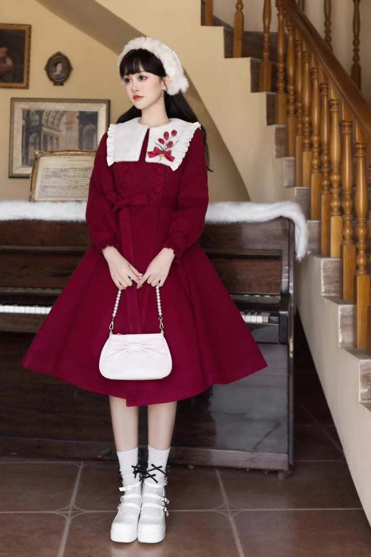"Blooming in Frost"&nbsp;— Inspired by the bold beauty of tulips piercing through winter soil, this coat dress symbolizes resilience and romance. The vibrant crimson hue echoes the flower’s velvety petals, while intricate embroidery captures the delicate curvature of stems and leaves, merging botanical artistry with Lolita elegance.