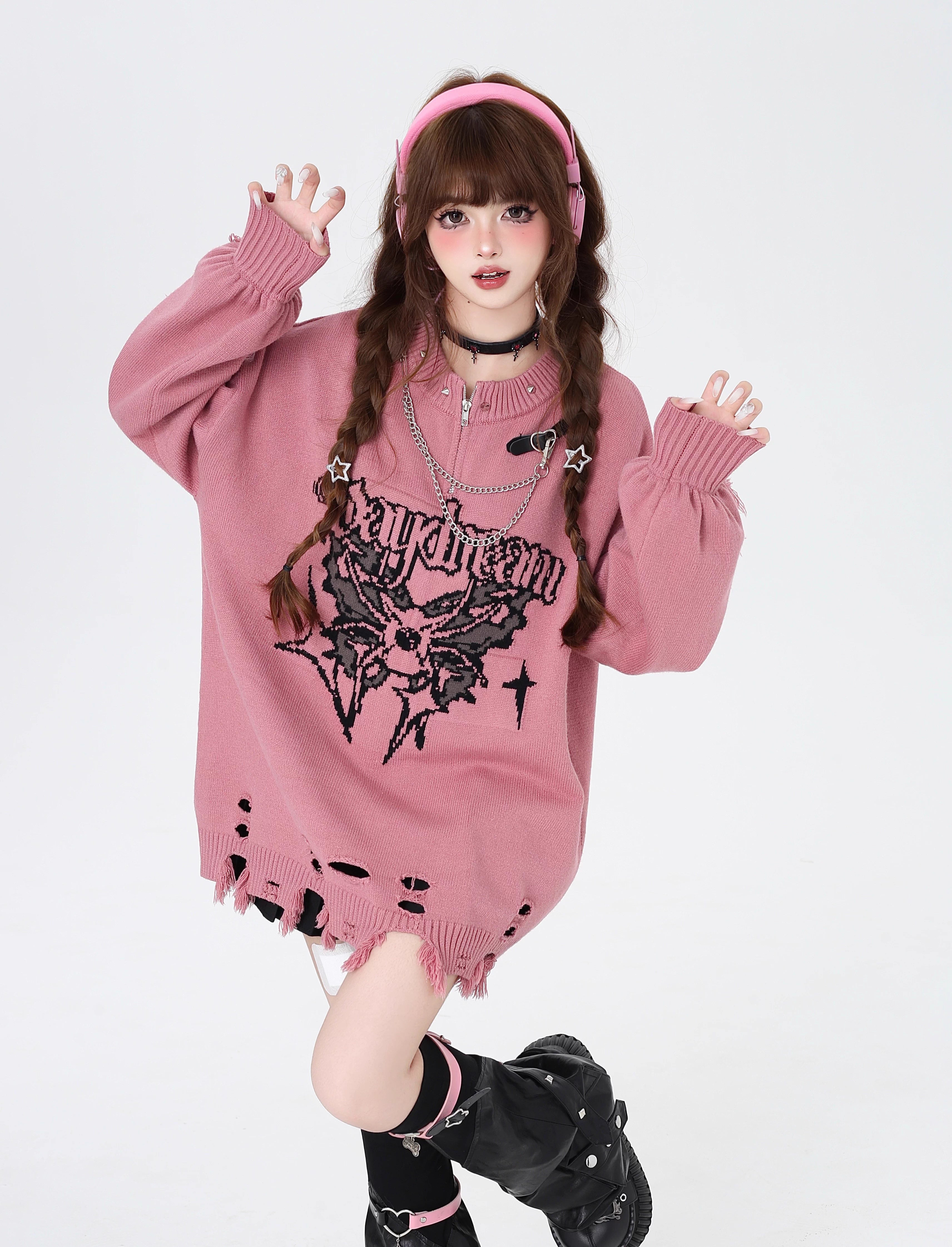Design Concept:
This Lolita Blouse in rose pink blends playful sweetness with gothic punk edge. Crafted from soft, warm knit fabric, it features a distressed design that adds a rebellious, subculture-inspired touch. The loose fit ensures comfort and layering versatility, making it perfect for casual winter wear, streetwear outfits, or adding a unique statement piece to a Lolita-inspired ensemble.