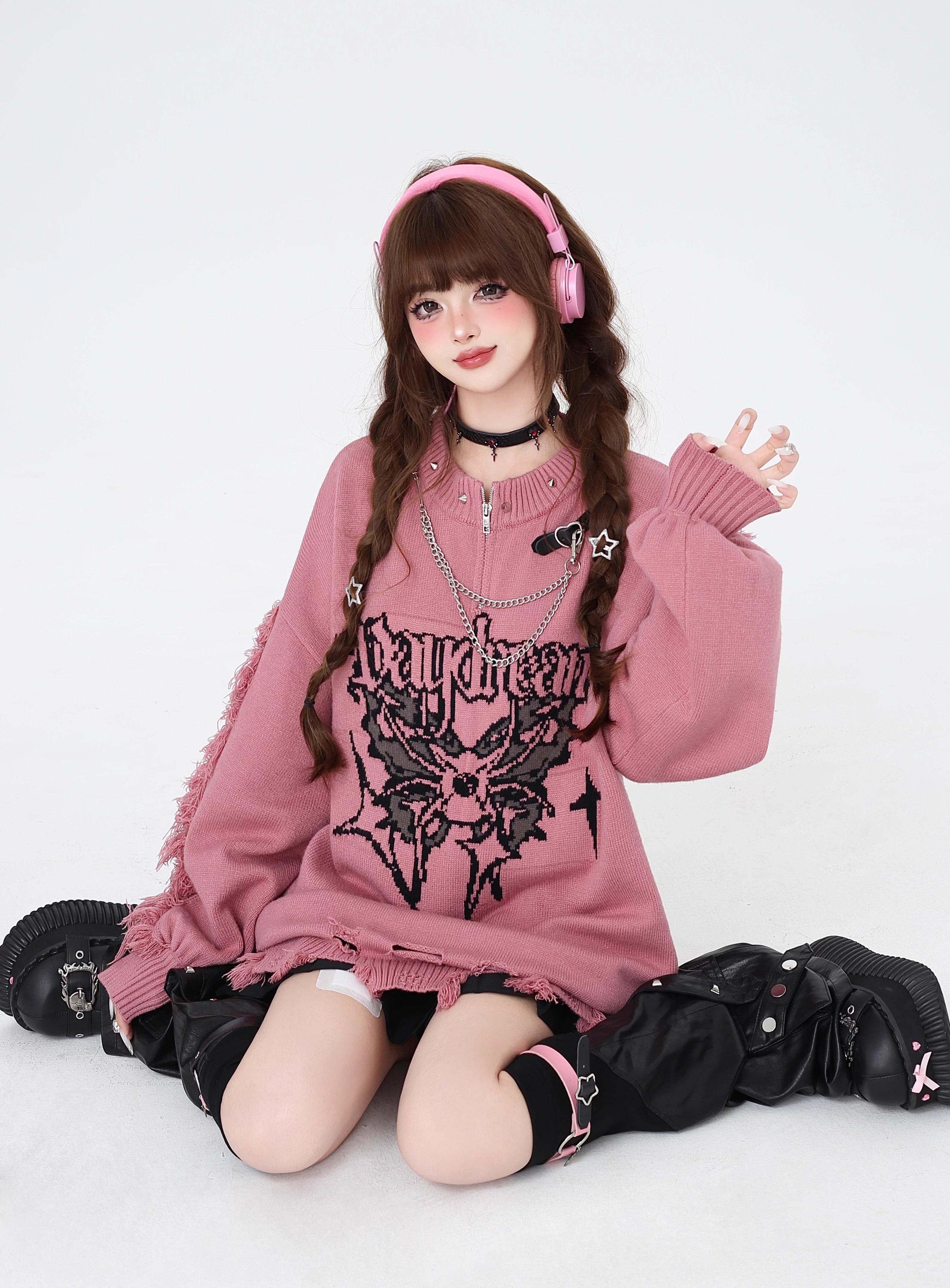 Design Concept:
This Lolita Blouse in rose pink blends playful sweetness with gothic punk edge. Crafted from soft, warm knit fabric, it features a distressed design that adds a rebellious, subculture-inspired touch. The loose fit ensures comfort and layering versatility, making it perfect for casual winter wear, streetwear outfits, or adding a unique statement piece to a Lolita-inspired ensemble.