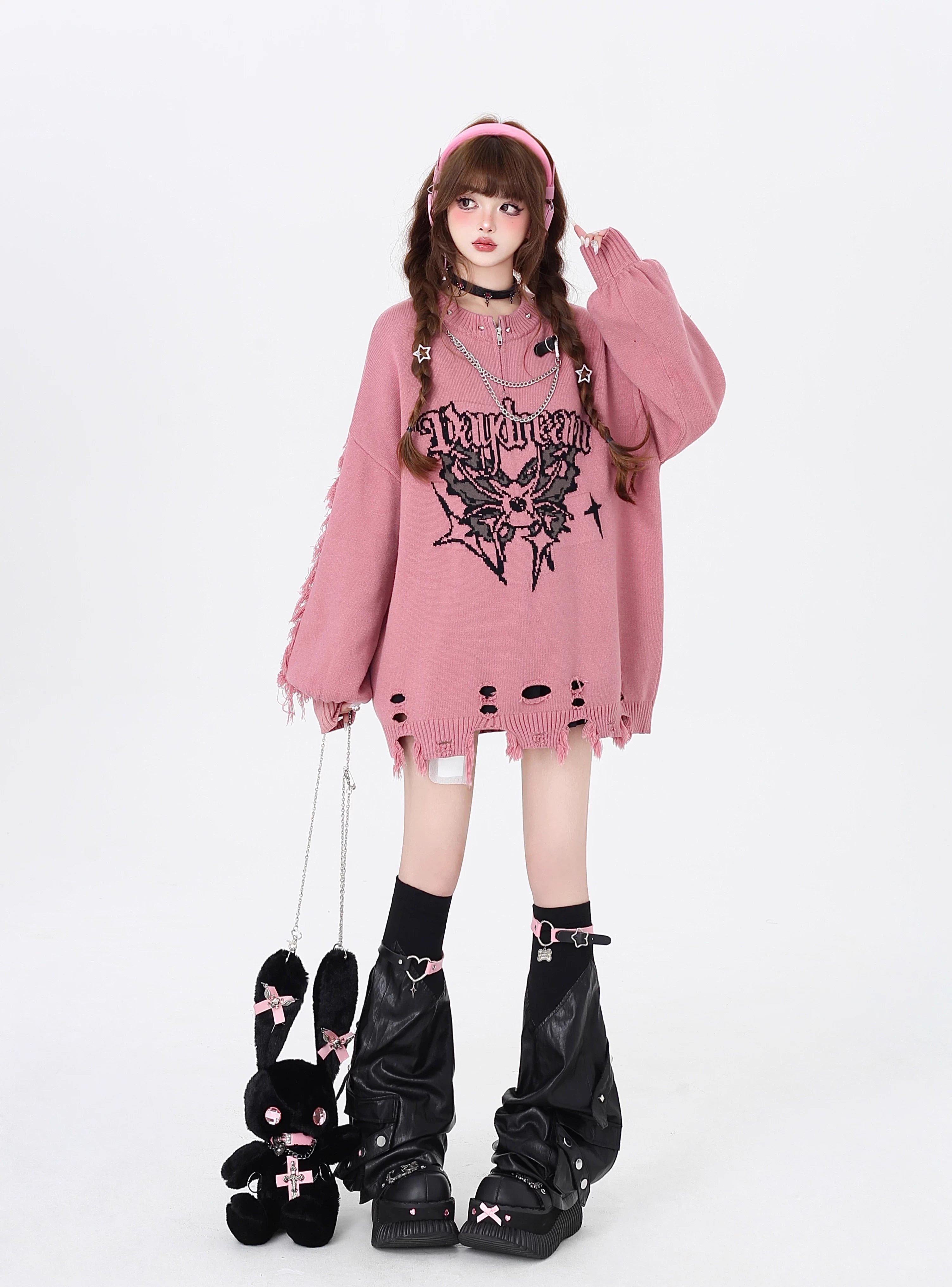 Design Concept:
This Lolita Blouse in rose pink blends playful sweetness with gothic punk edge. Crafted from soft, warm knit fabric, it features a distressed design that adds a rebellious, subculture-inspired touch. The loose fit ensures comfort and layering versatility, making it perfect for casual winter wear, streetwear outfits, or adding a unique statement piece to a Lolita-inspired ensemble.