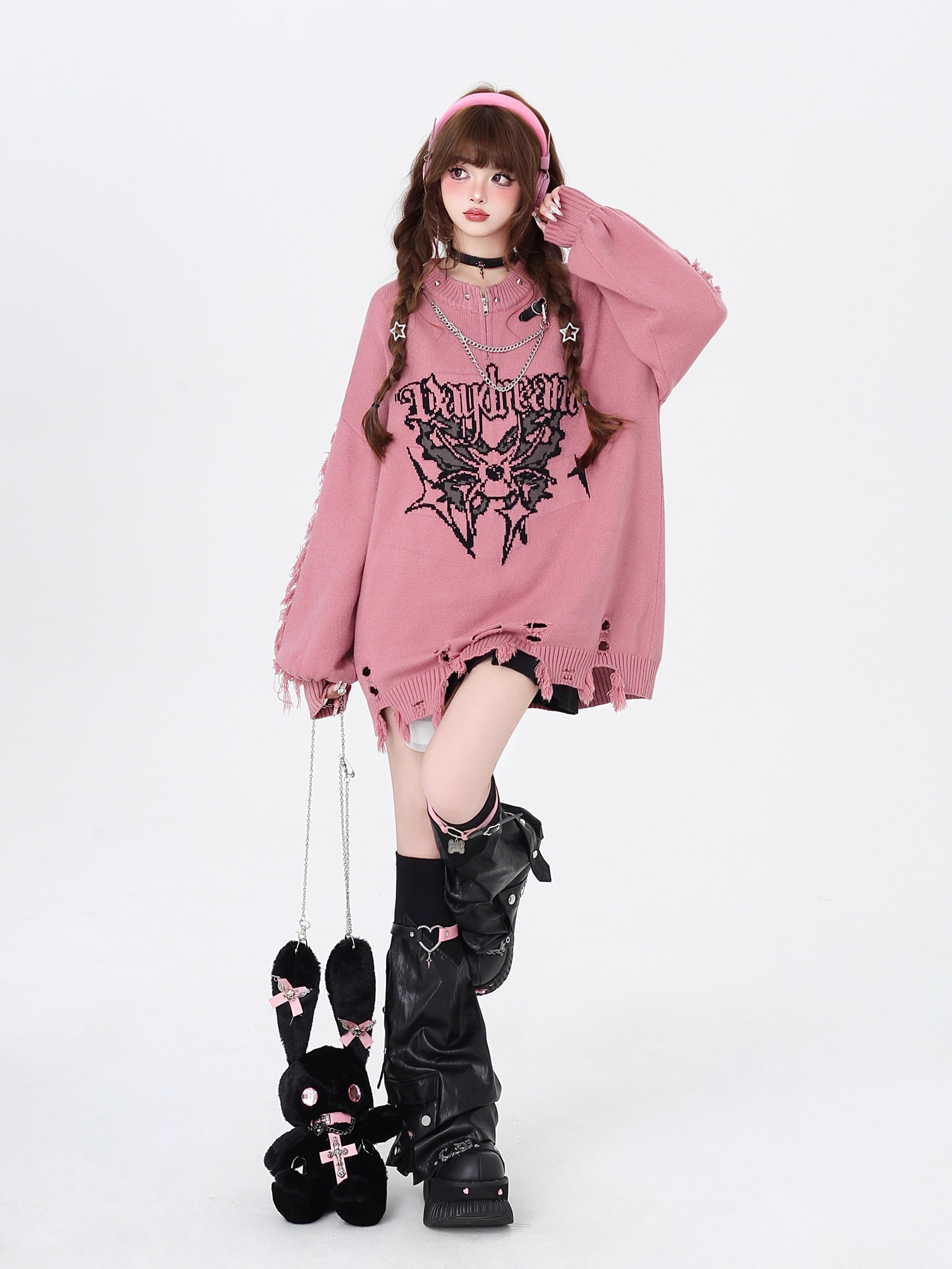 Design Concept:
This Lolita Blouse in rose pink blends playful sweetness with gothic punk edge. Crafted from soft, warm knit fabric, it features a distressed design that adds a rebellious, subculture-inspired touch. The loose fit ensures comfort and layering versatility, making it perfect for casual winter wear, streetwear outfits, or adding a unique statement piece to a Lolita-inspired ensemble.