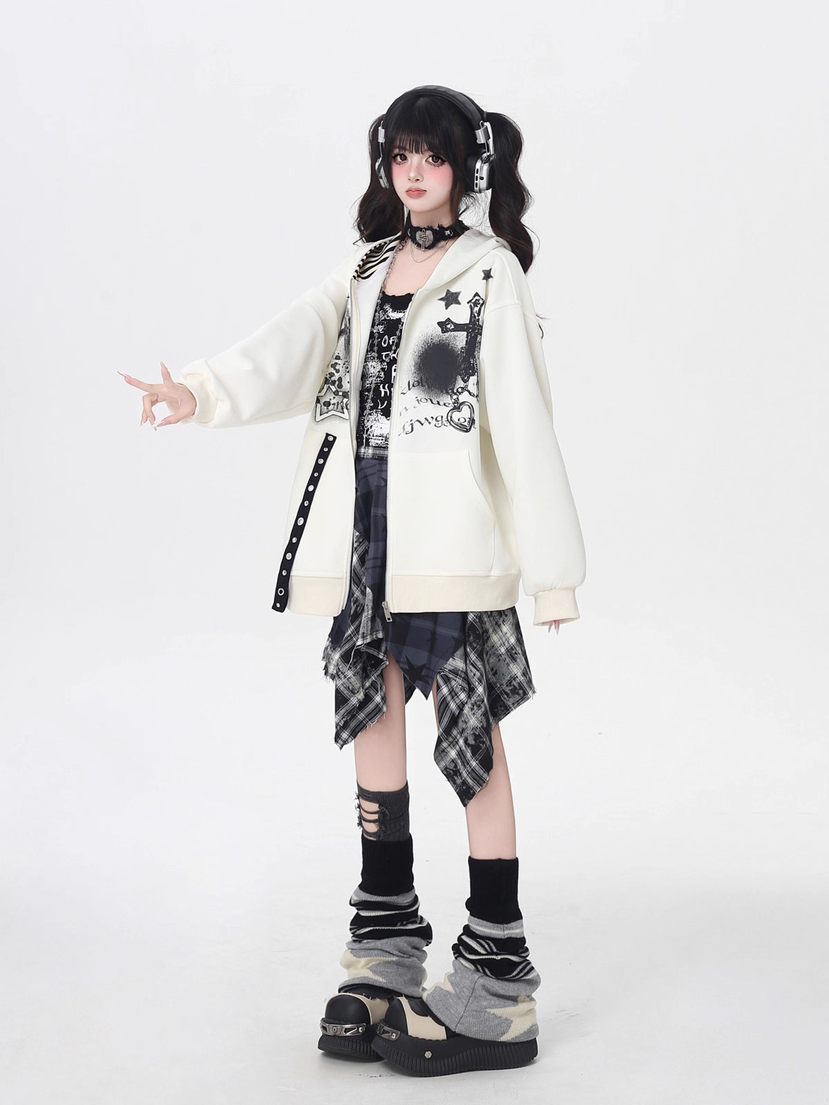 A soft take on dark aesthetics, this hoodie blends subtle gothic charm with effortless streetwear style. Delicate lace-like detailing and a versatile zip-front design create a layered look, while the relaxed fit and muted blue/beige tones keep it wearable and fresh. Lightweight for early autumn, it layers seamlessly over bras, tanks, or dresses—for those who express their edge with subtlety and grace.