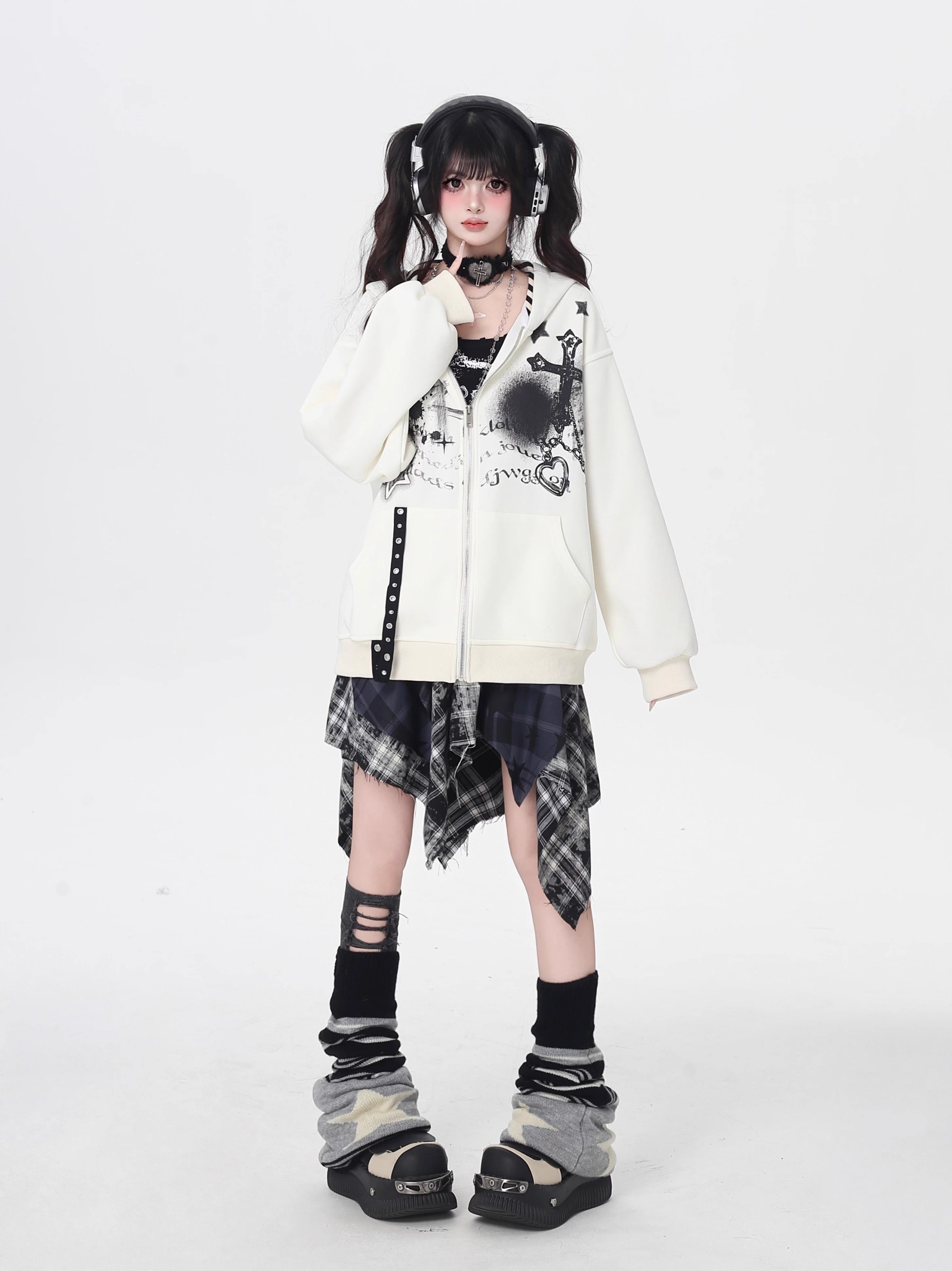 A soft take on dark aesthetics, this hoodie blends subtle gothic charm with effortless streetwear style. Delicate lace-like detailing and a versatile zip-front design create a layered look, while the relaxed fit and muted blue/beige tones keep it wearable and fresh. Lightweight for early autumn, it layers seamlessly over bras, tanks, or dresses—for those who express their edge with subtlety and grace.