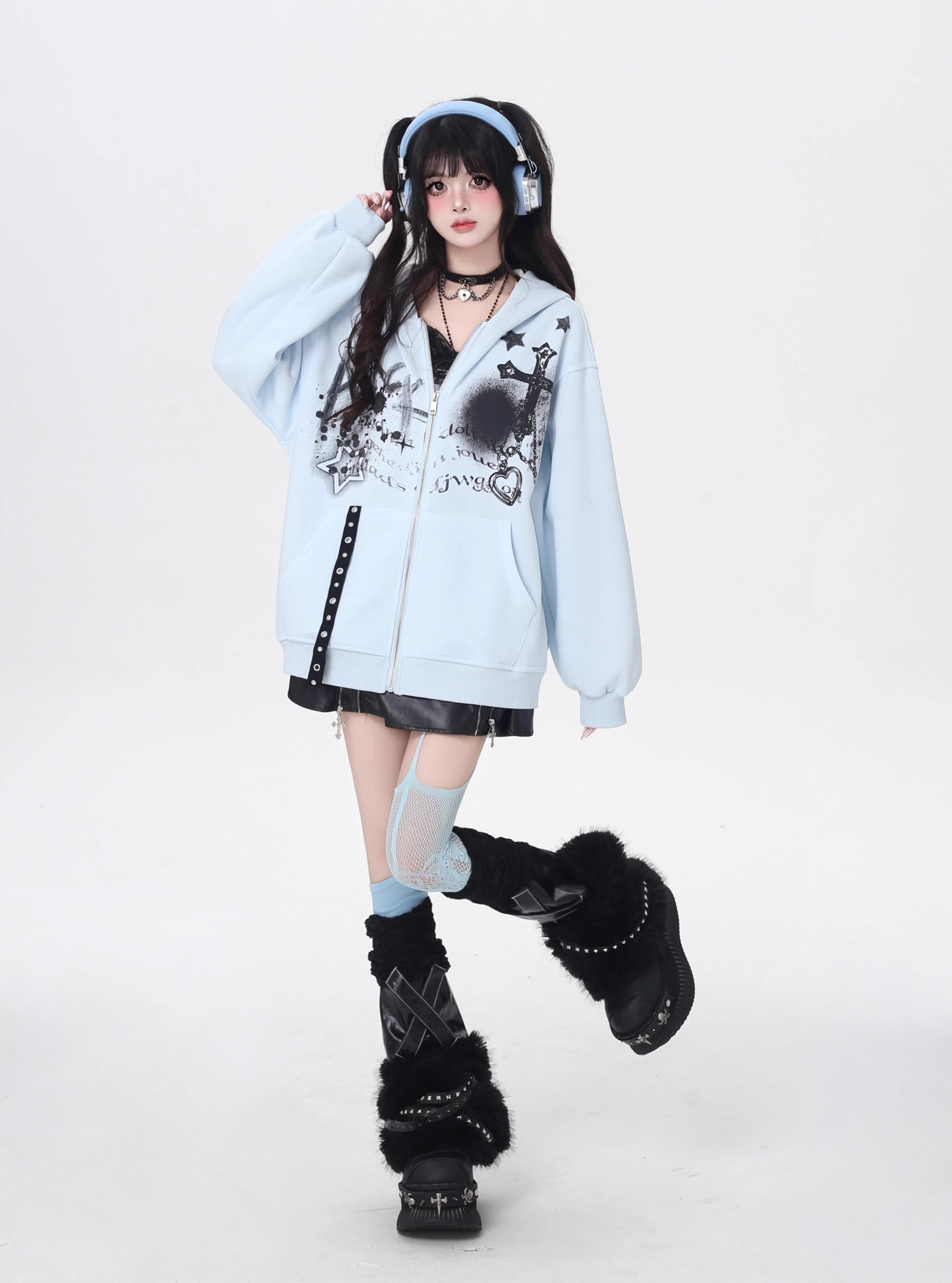 A soft take on dark aesthetics, this hoodie blends subtle gothic charm with effortless streetwear style. Delicate lace-like detailing and a versatile zip-front design create a layered look, while the relaxed fit and muted blue/beige tones keep it wearable and fresh. Lightweight for early autumn, it layers seamlessly over bras, tanks, or dresses—for those who express their edge with subtlety and grace.